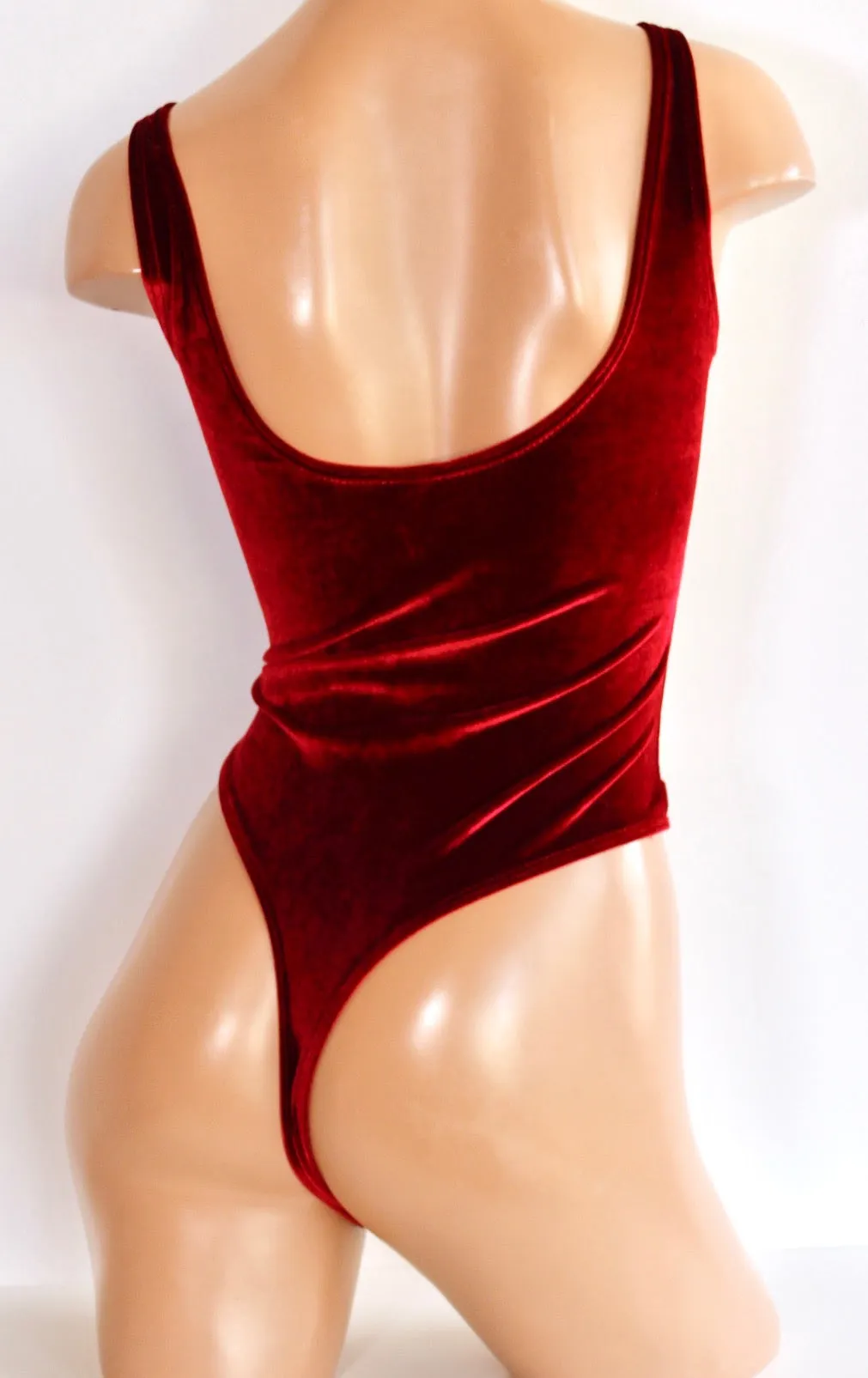 Plush Velvet Highcut Scoopneck Bodysuit in Burgundy
