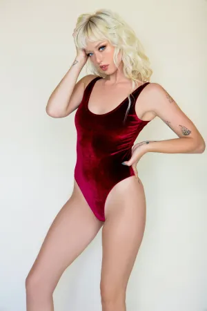 Plush Velvet Highcut Scoopneck Bodysuit in Burgundy