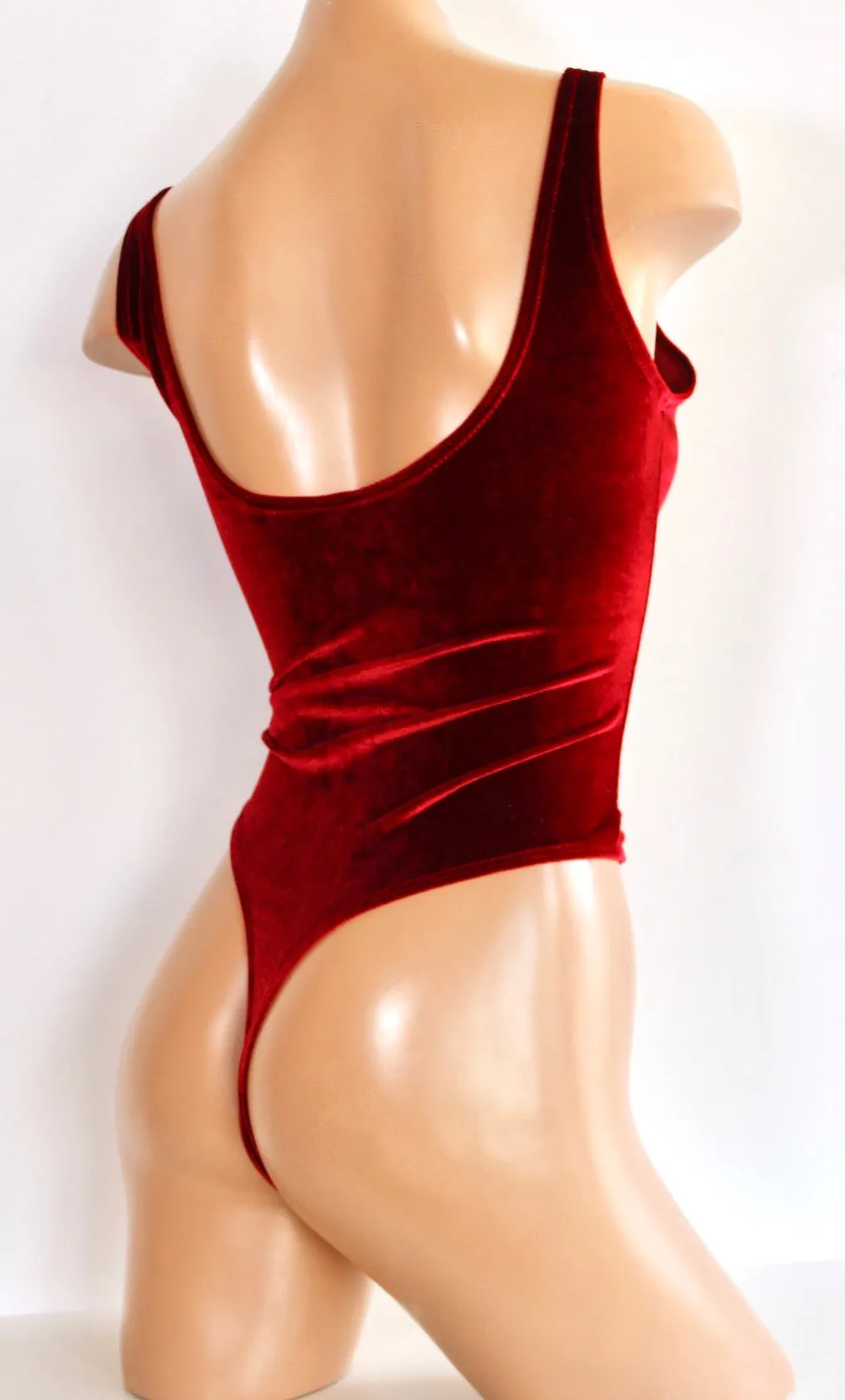 Plush Velvet Highcut Scoopneck Bodysuit in Burgundy