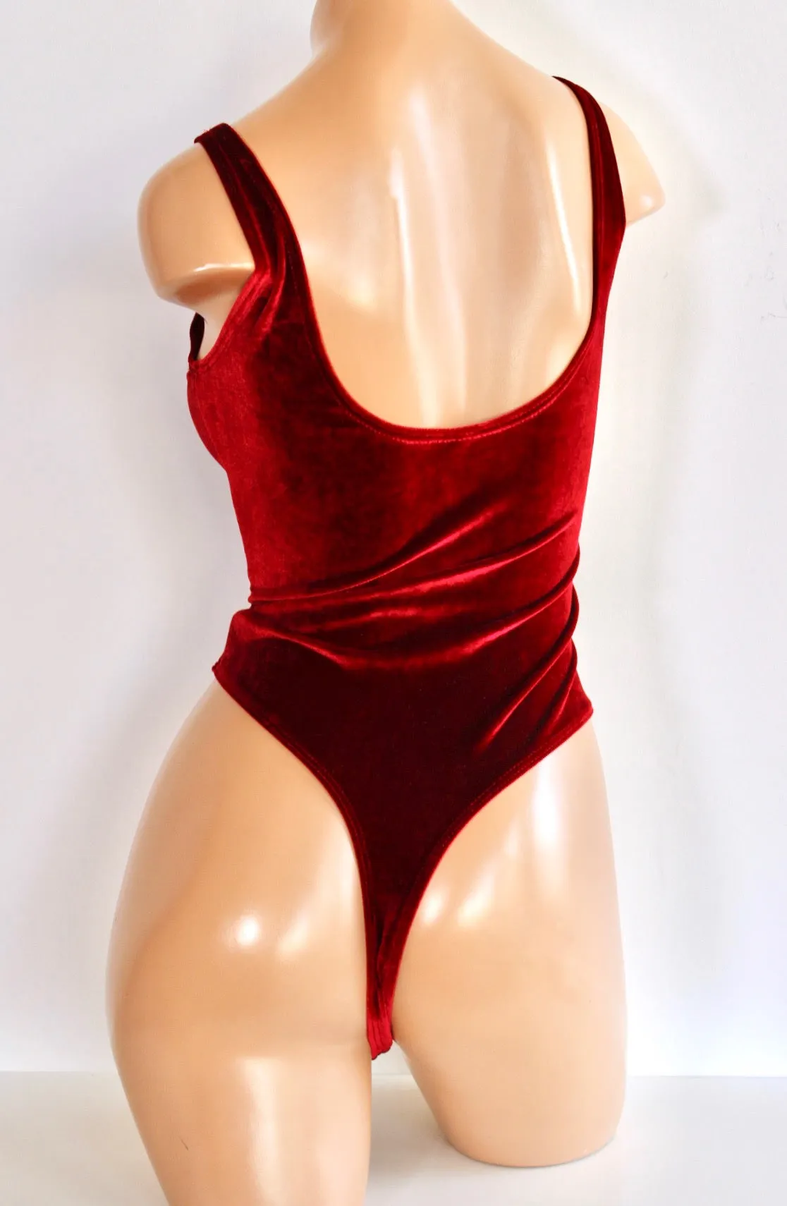 Plush Velvet Highcut Scoopneck Bodysuit in Burgundy