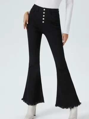 Raw Hem Button Front Flare Leg Jeans