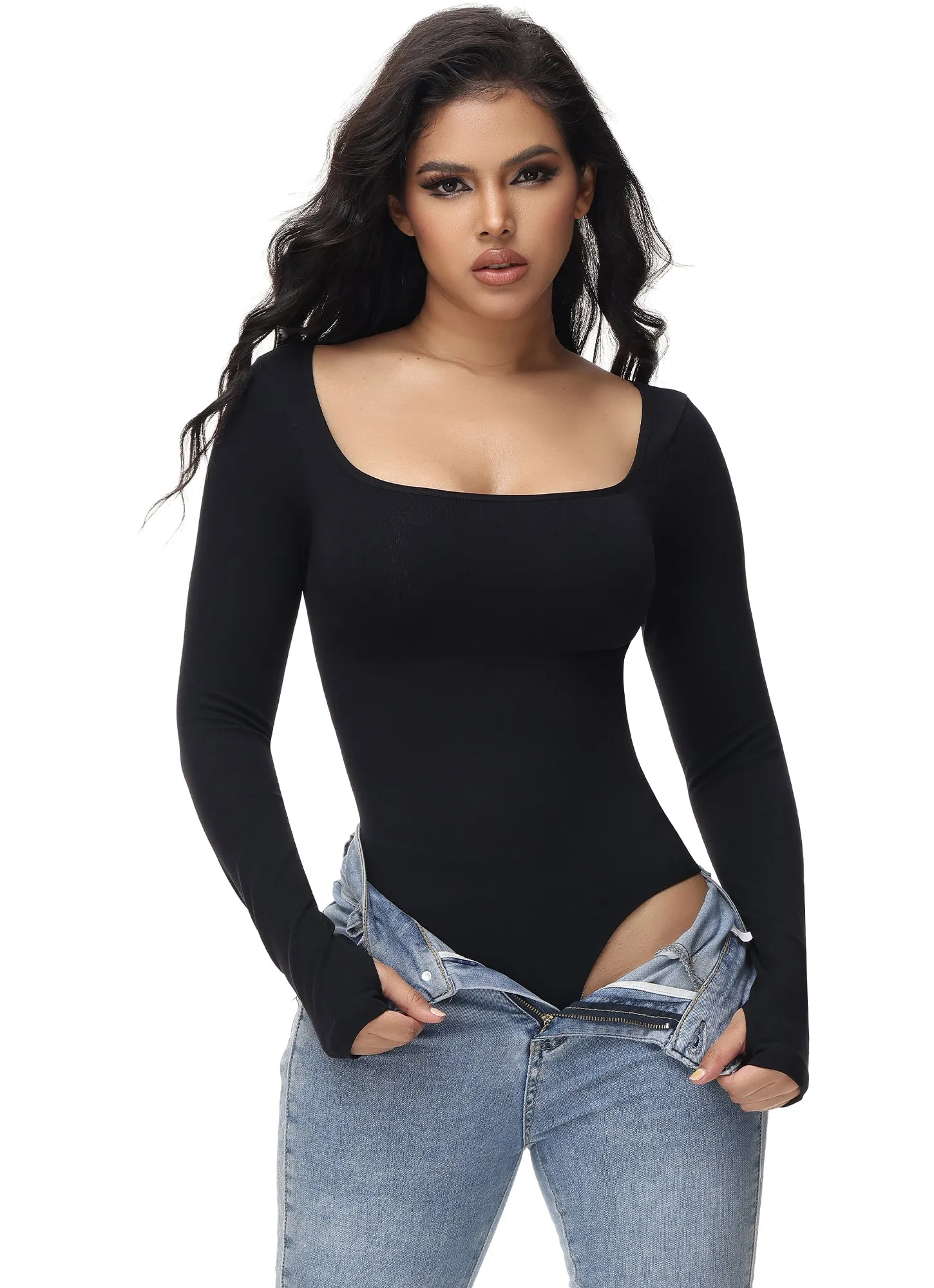 Seamless Bodysuit for Women -  Mock Neck Long Sleeve Thong Bodysuit