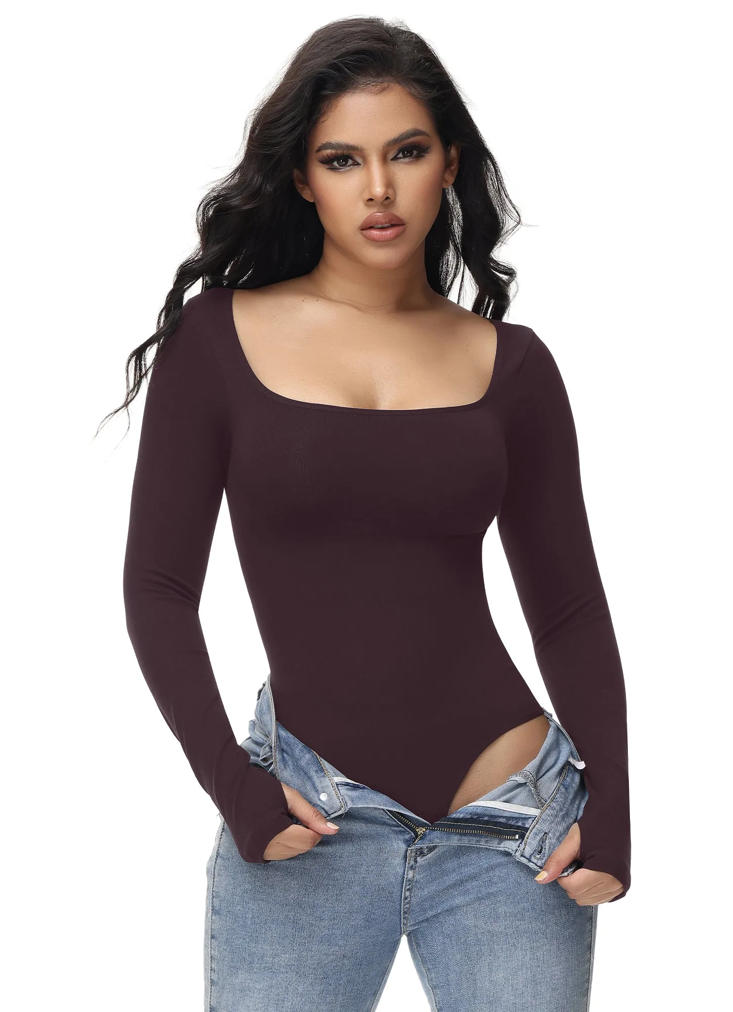 Seamless Bodysuit for Women -  Mock Neck Long Sleeve Thong Bodysuit