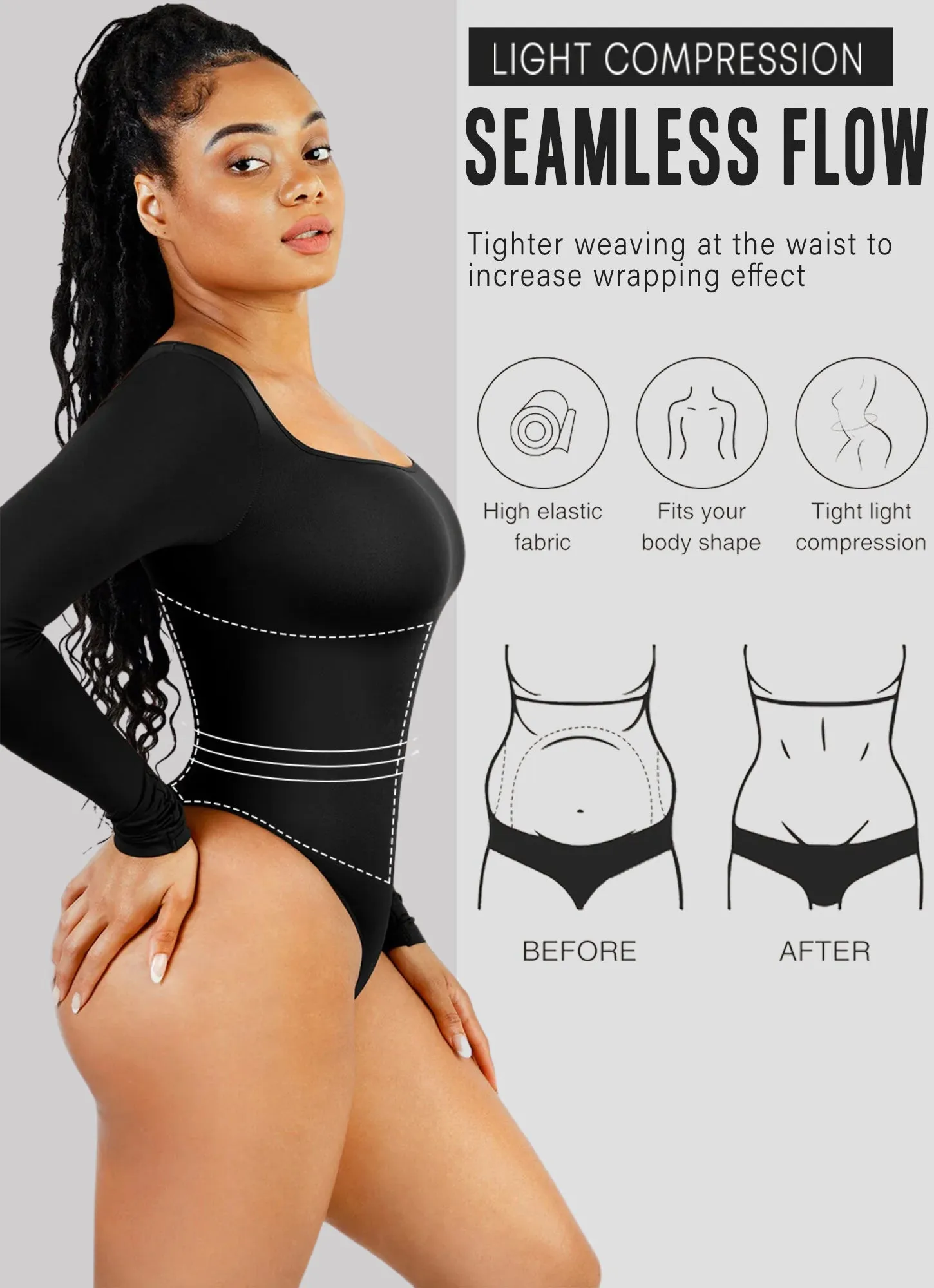Seamless Bodysuit for Women -  Mock Neck Long Sleeve Thong Bodysuit