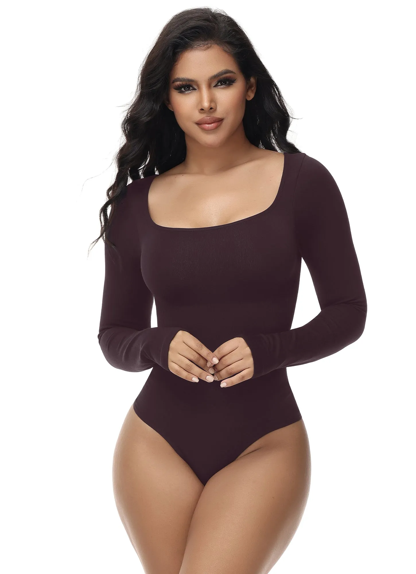 Seamless Bodysuit for Women -  Mock Neck Long Sleeve Thong Bodysuit