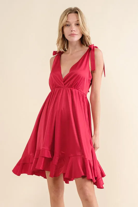 Shania Satin Wrap Ruffle Shoulder Tie Mini Dress