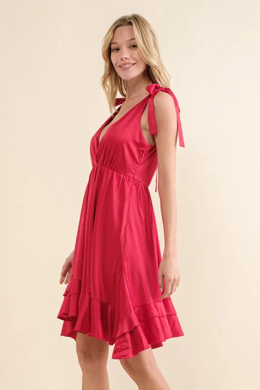 Shania Satin Wrap Ruffle Shoulder Tie Mini Dress