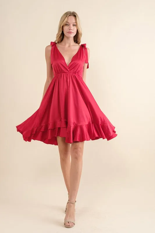 Shania Satin Wrap Ruffle Shoulder Tie Mini Dress