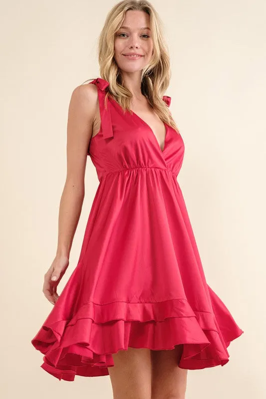 Shania Satin Wrap Ruffle Shoulder Tie Mini Dress
