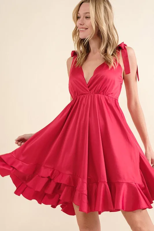 Shania Satin Wrap Ruffle Shoulder Tie Mini Dress