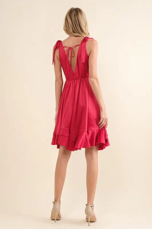 Shania Satin Wrap Ruffle Shoulder Tie Mini Dress