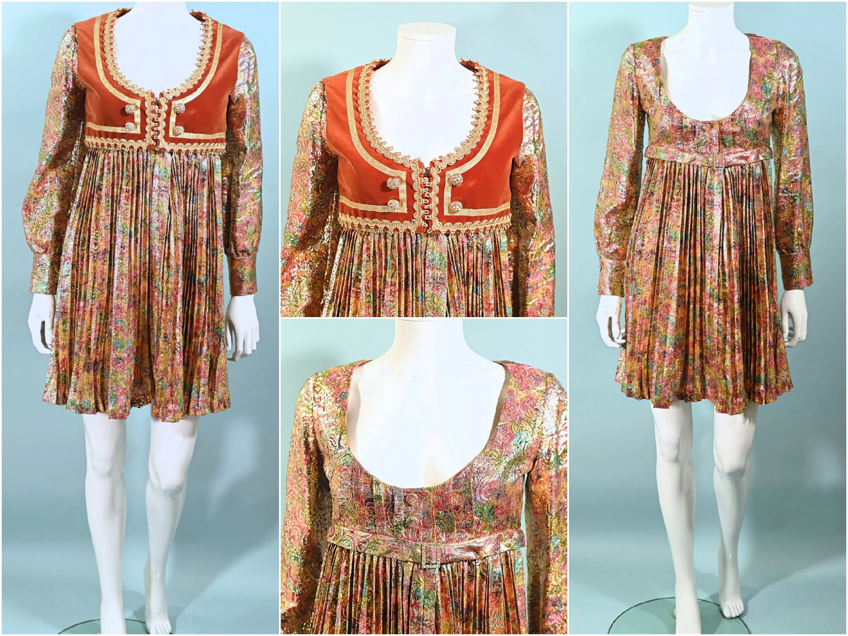 SOLD RARE Junior Accent Vintage 60s Boho Sparkle Mini Dress   Velvet Vest S