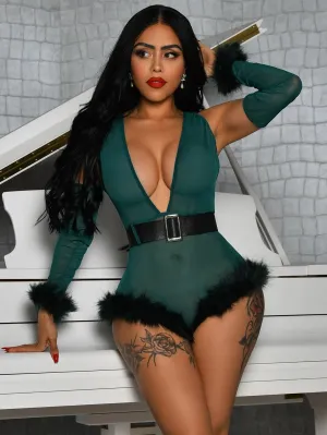 T-BOO Sexy Bodysuit With Sleeves Feathered Deep-V Bodycon See-thru Sheer "Fancy Bodycon Outfits Green Ouyfit Lingerie Club