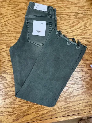 Vervet Deep Forest Green High Waisted Distressed Hem Crop Flare Jeans (C)