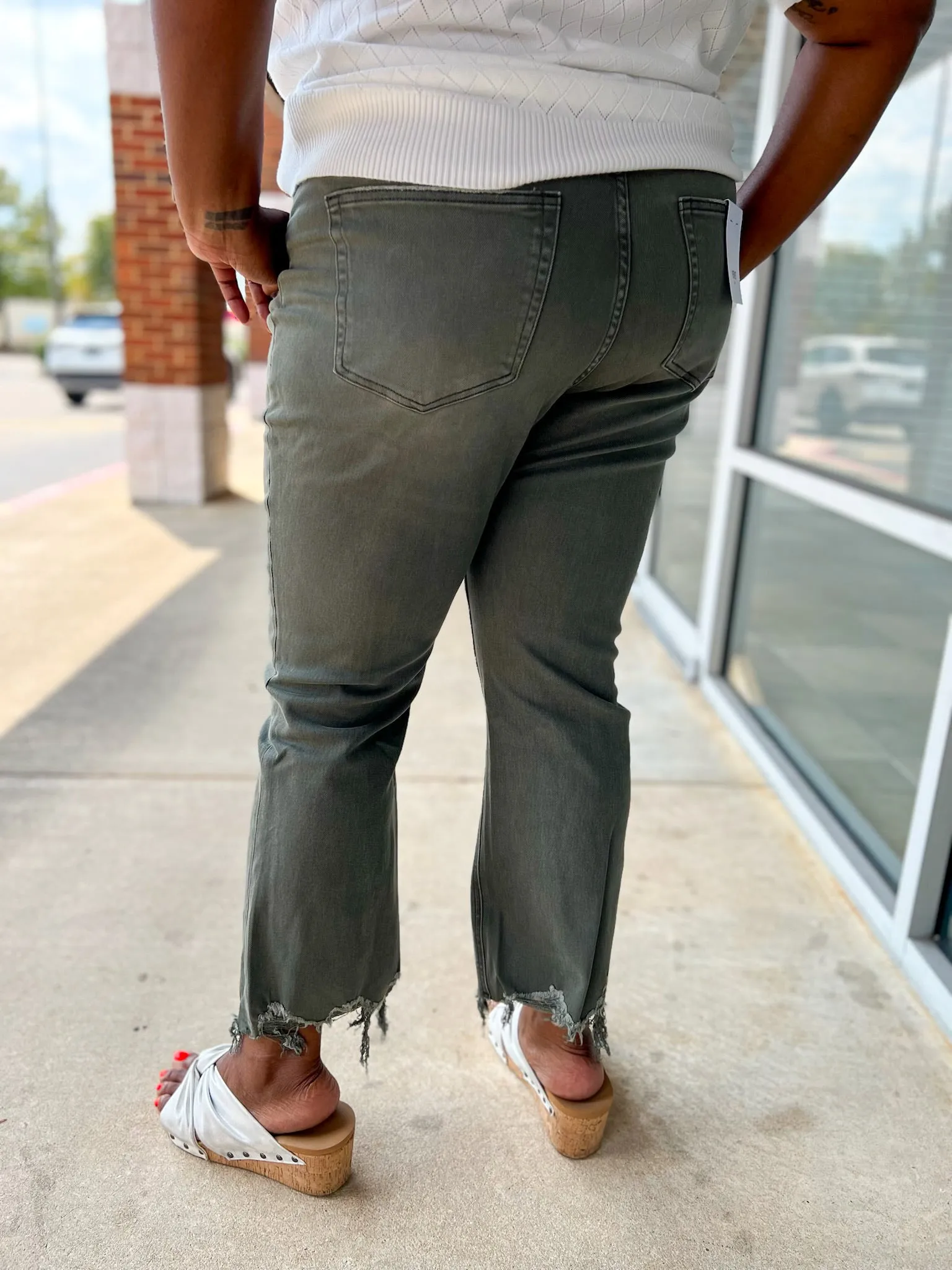 Vervet Deep Forest Green High Waisted Distressed Hem Crop Flare Jeans (C)