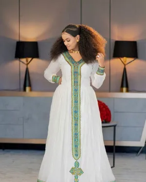 Vibrant Habesha Dress with Wide Handwoven Embellishment: for Cultural Festivals or Occasions Traditional Ethiopian Dress