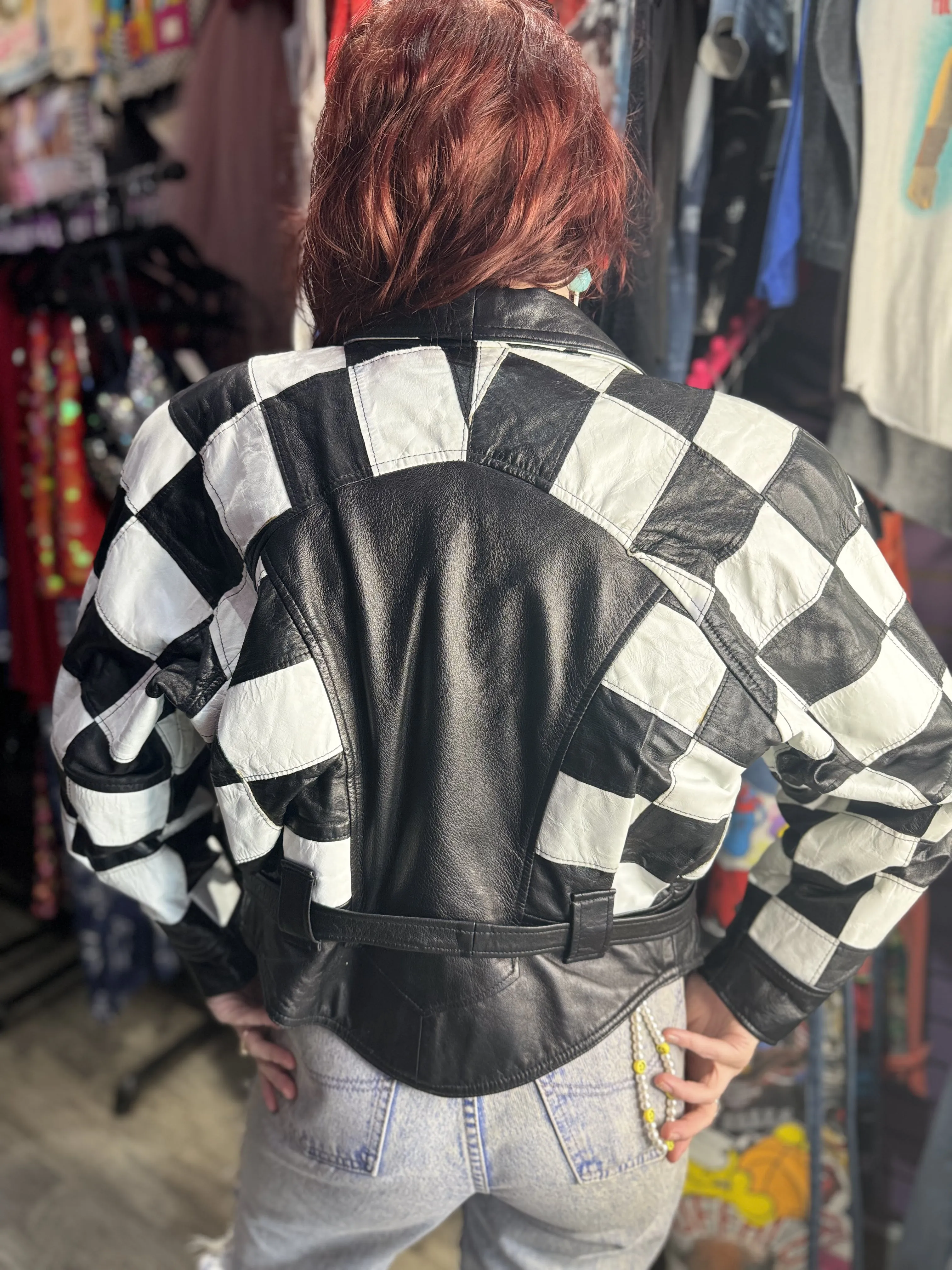 Vintage 80s Black & White Checkered Leather Jacket