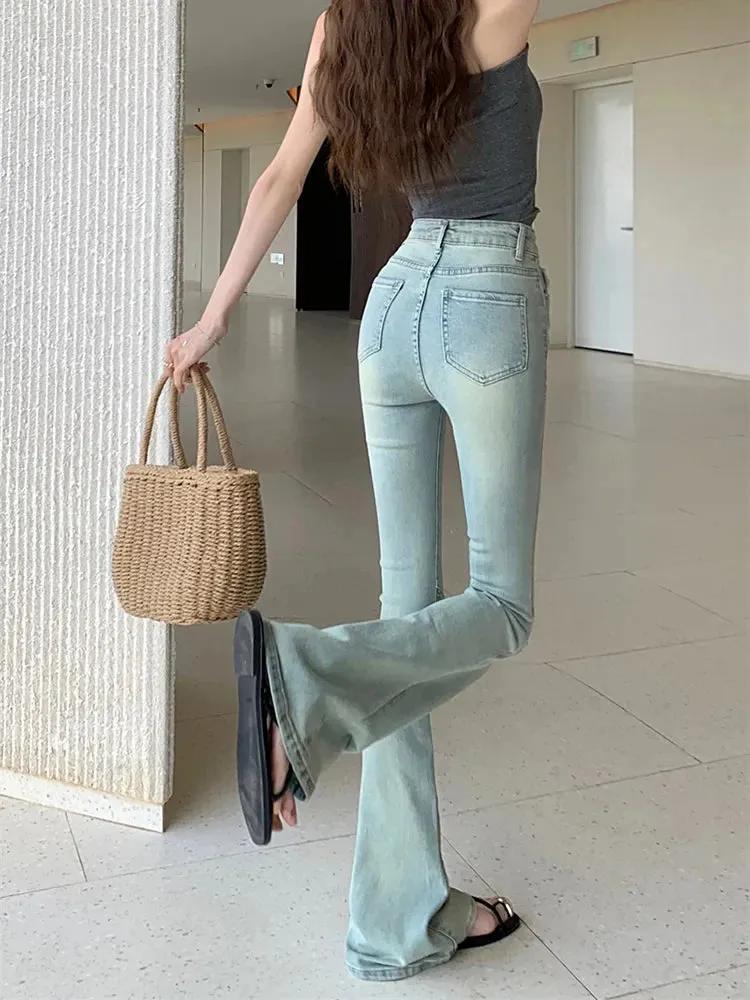 Vintage Light Blue Rivet Slim-fit Flared Mom Jeans