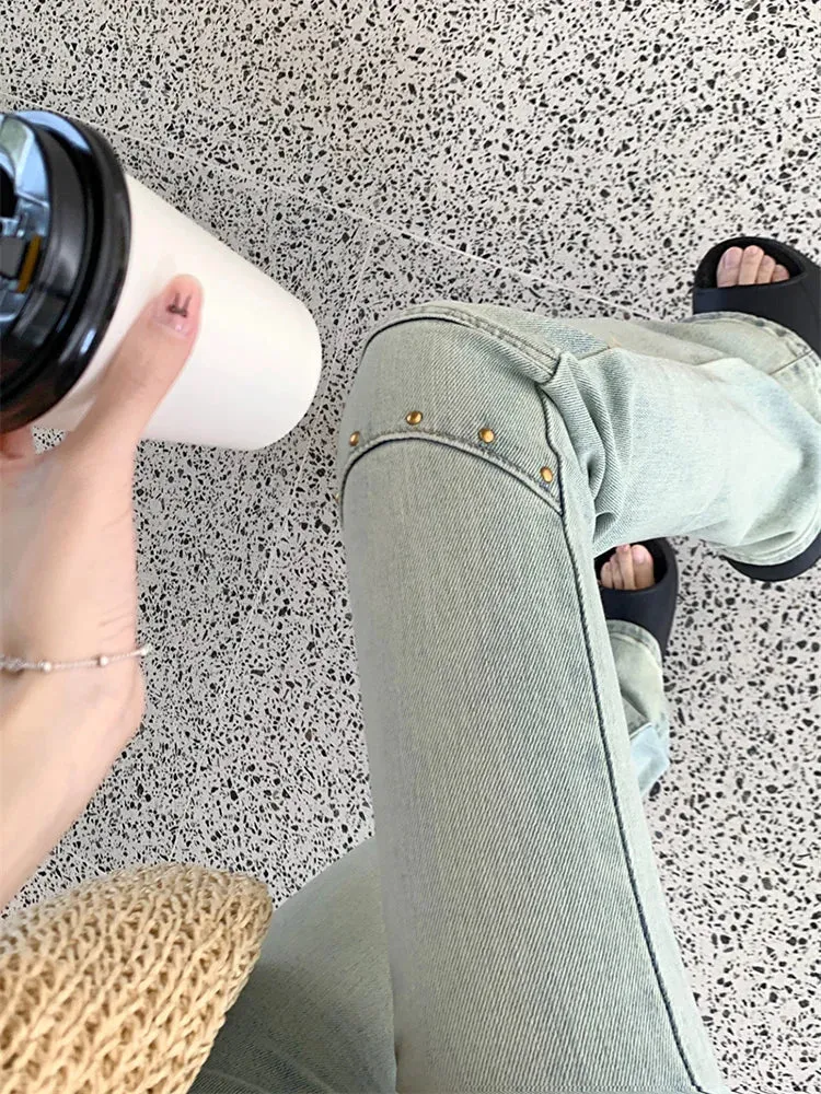 Vintage Light Blue Rivet Slim-fit Flared Mom Jeans