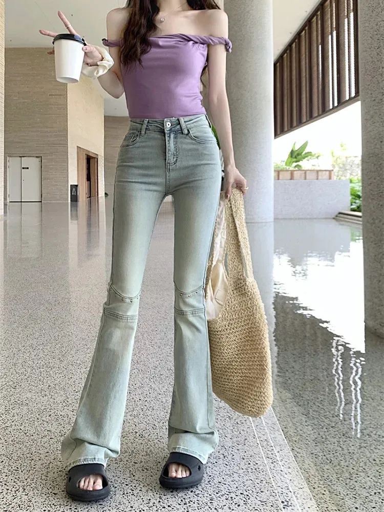 Vintage Light Blue Rivet Slim-fit Flared Mom Jeans