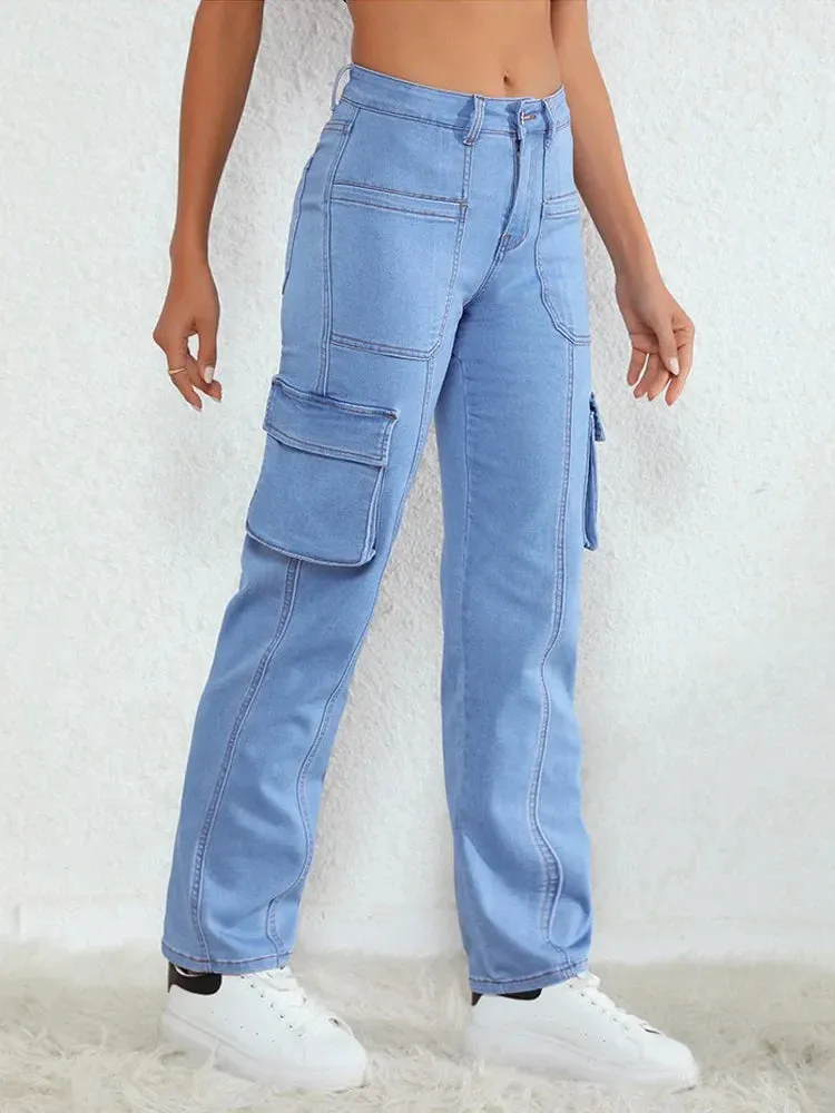 Vintage Women's Streetwear Straight-Leg Multi-pocket Casual 2024 Jeans