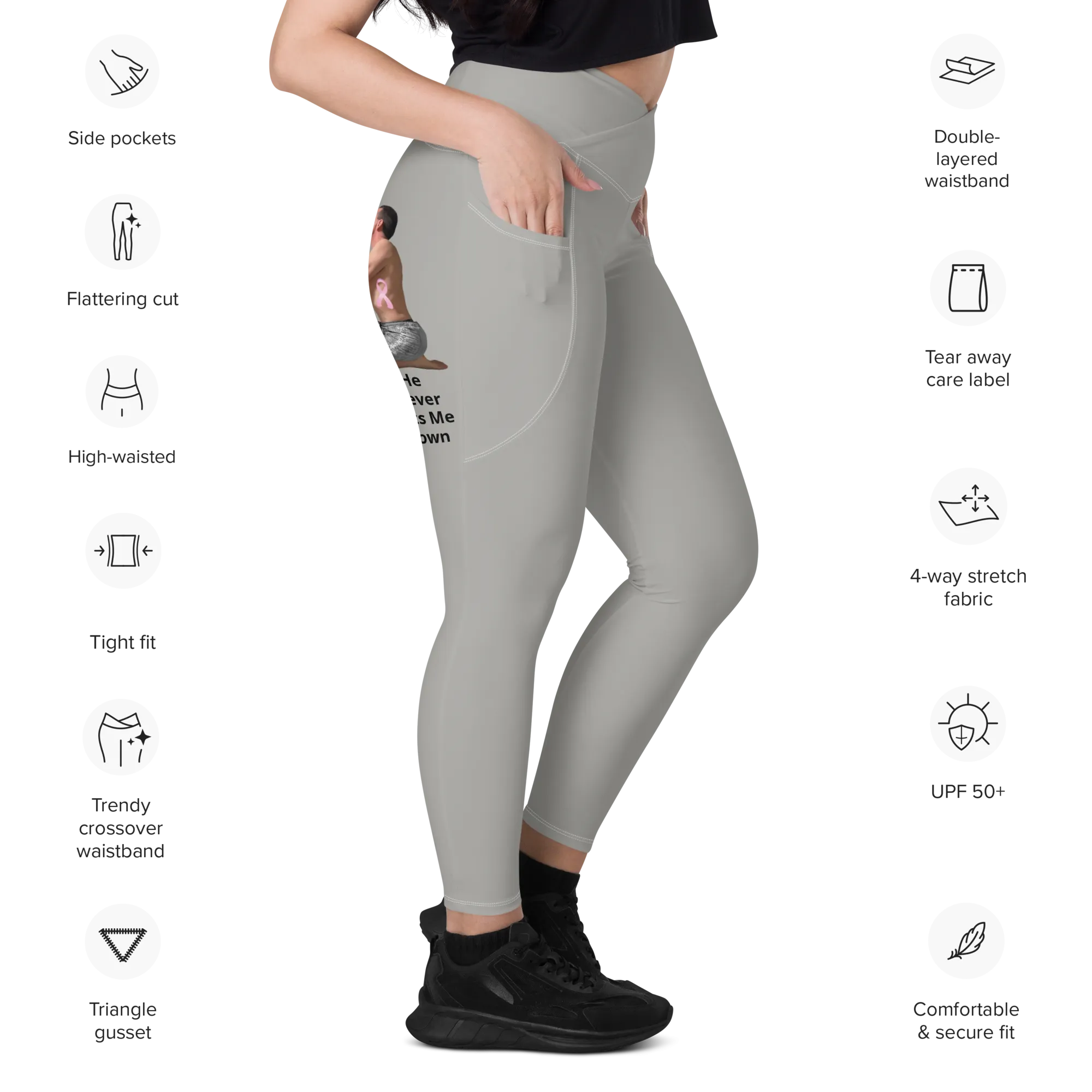 Viral Gray High-Waist Crossover Leggings Funny 2XS-6XL Pockets Empowering