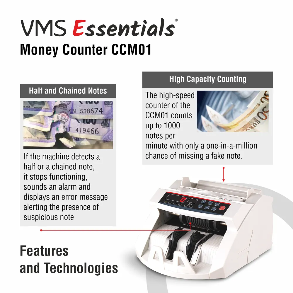 VMS Essentials CCM01 Money Counter - Advanced UV and MG Detection, 6 Months Warranty
