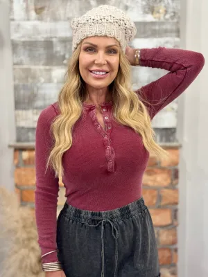 Washed Henley Bodysuit in Wine