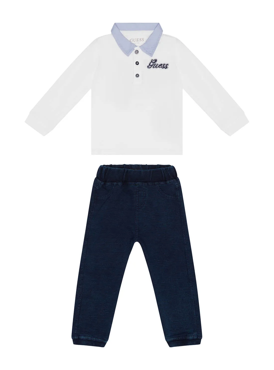 White Polo And Knit Denim Pants 2-Piece Set (3-18m)