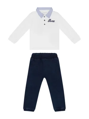White Polo And Knit Denim Pants 2-Piece Set (3-18m)