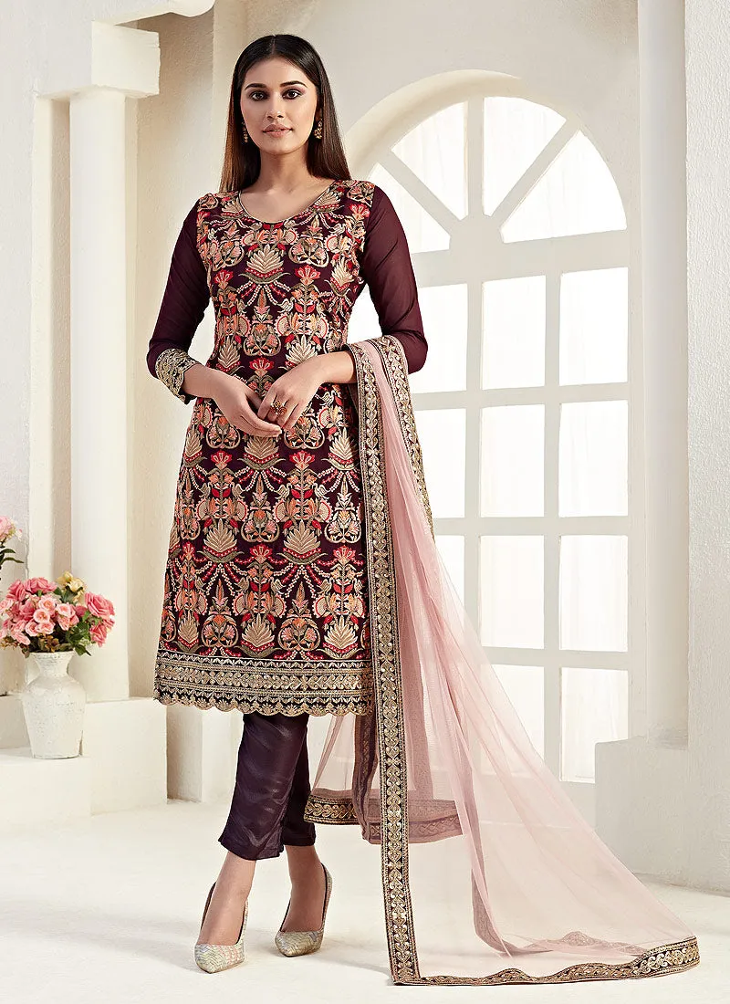 Wine Red Multi Embroidered Pants Style Suit