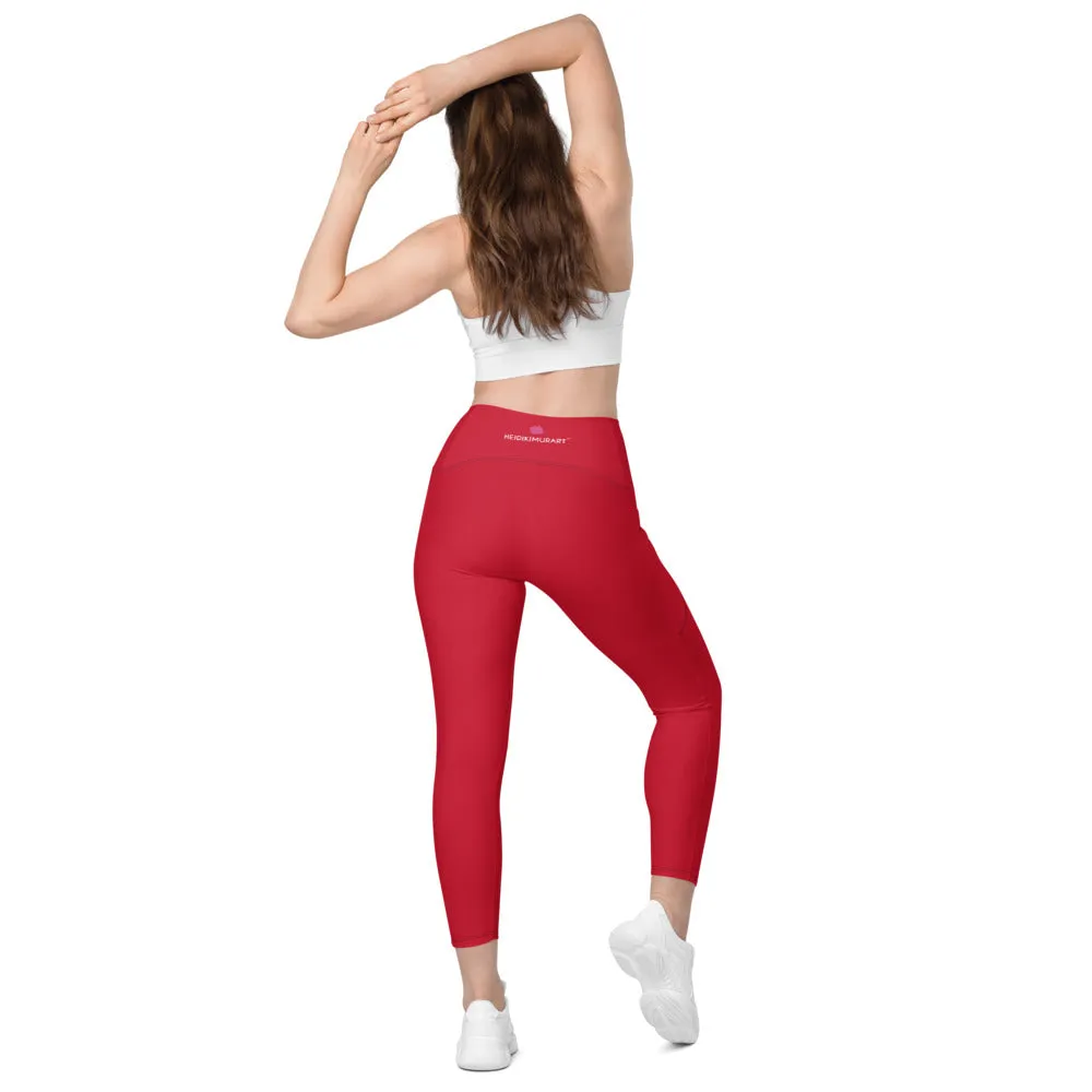 Wine Red Women's Tights, Solid Color Best Yoga Pants With 2 Side Deep Long Pockets - Made in USA/EU/MX (US Size: 2XS-6XL)