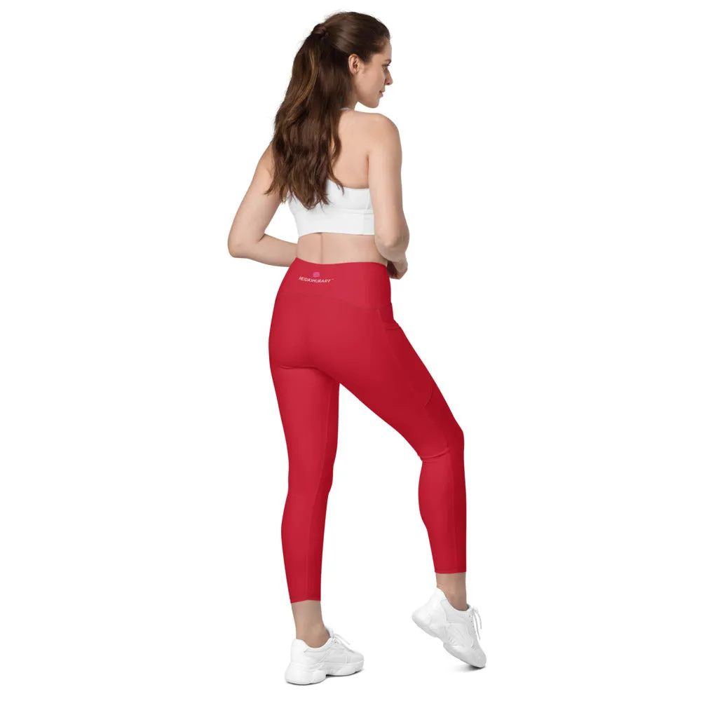 Wine Red Women's Tights, Solid Color Best Yoga Pants With 2 Side Deep Long Pockets - Made in USA/EU/MX (US Size: 2XS-6XL)
