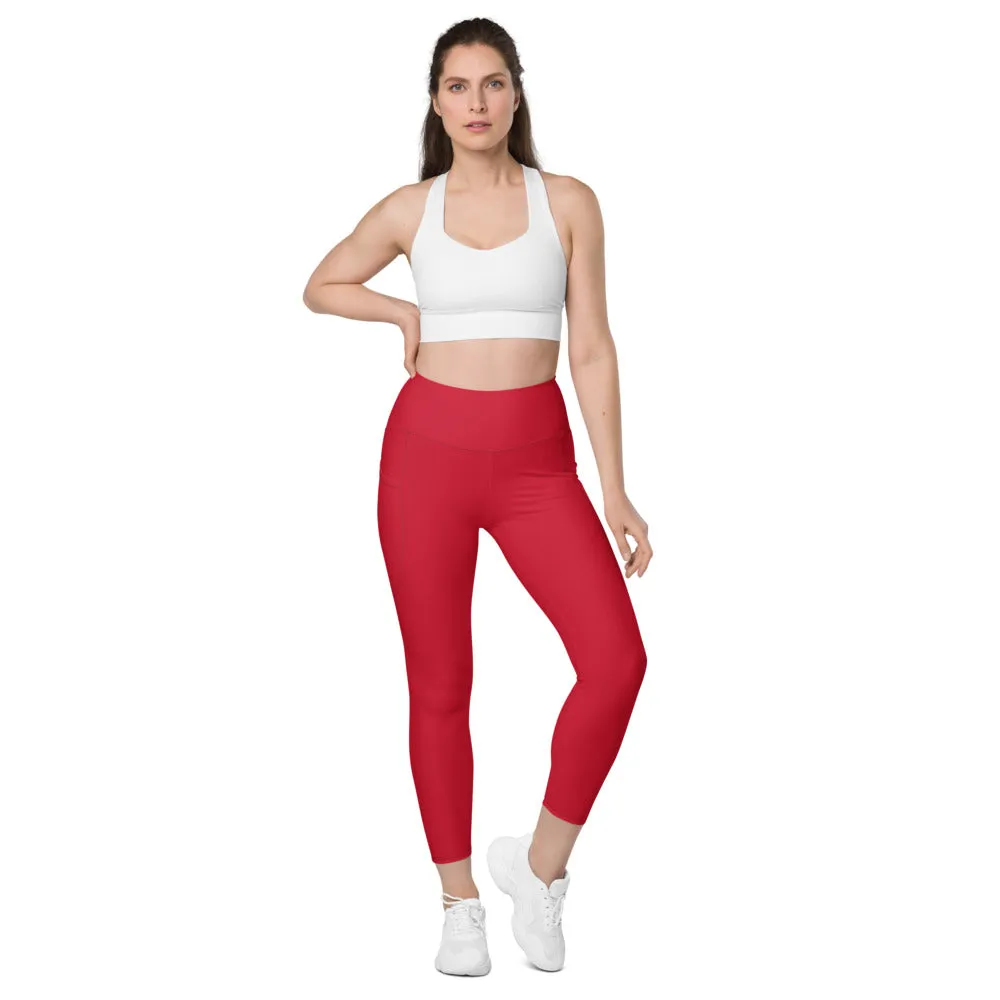 Wine Red Women's Tights, Solid Color Best Yoga Pants With 2 Side Deep Long Pockets - Made in USA/EU/MX (US Size: 2XS-6XL)