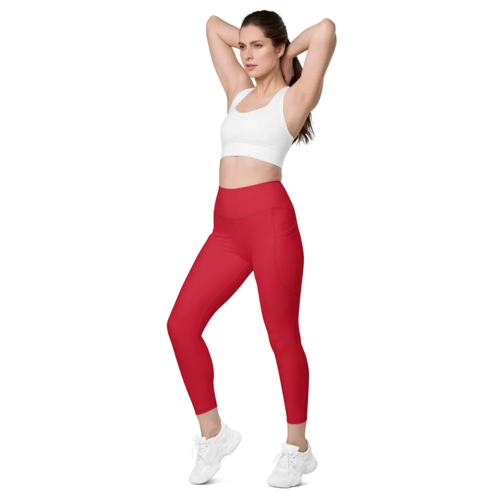 Wine Red Women's Tights, Solid Color Best Yoga Pants With 2 Side Deep Long Pockets - Made in USA/EU/MX (US Size: 2XS-6XL)