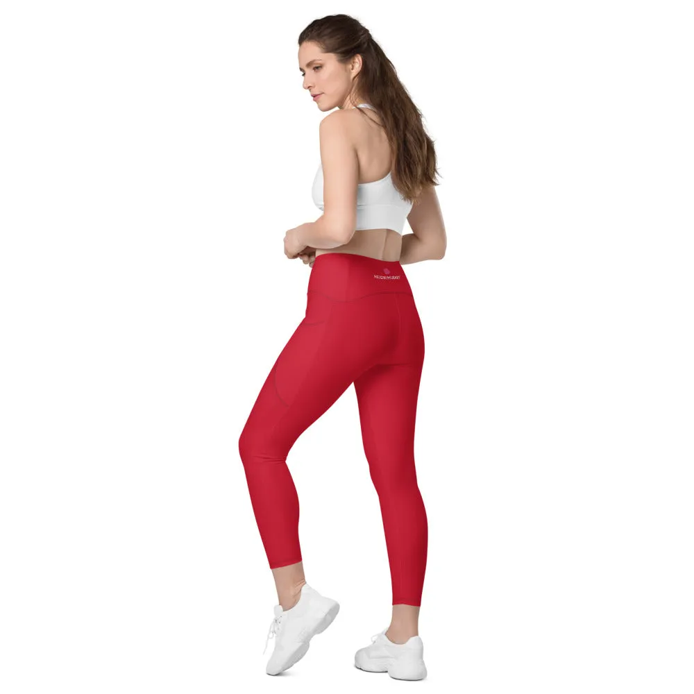 Wine Red Women's Tights, Solid Color Best Yoga Pants With 2 Side Deep Long Pockets - Made in USA/EU/MX (US Size: 2XS-6XL)