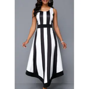 Women Amazing Striped Pattern Round Neck Long Length Sleeveless Dress - WDC60185