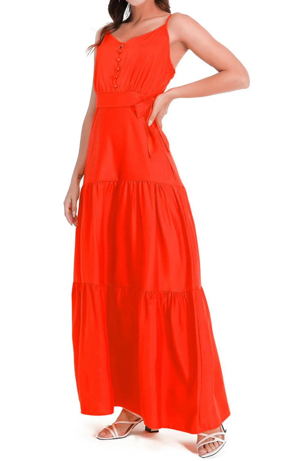 Women Elegent Solid Colored Sleeveless Styled Straped Shoulder Long Length V-Neck Relax Fit Party Dress - C5868JPD