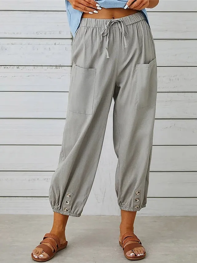 Women's Cotton And Linen Loungewear Pants Pure Color Elastic Waist with Drawstring Simple Casual Comfort Home Daily Vacation Breathable Pocket Summer Spring Black White